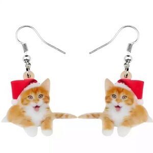 Tabby Cat Christmas Earrings Santa Holiday Orange